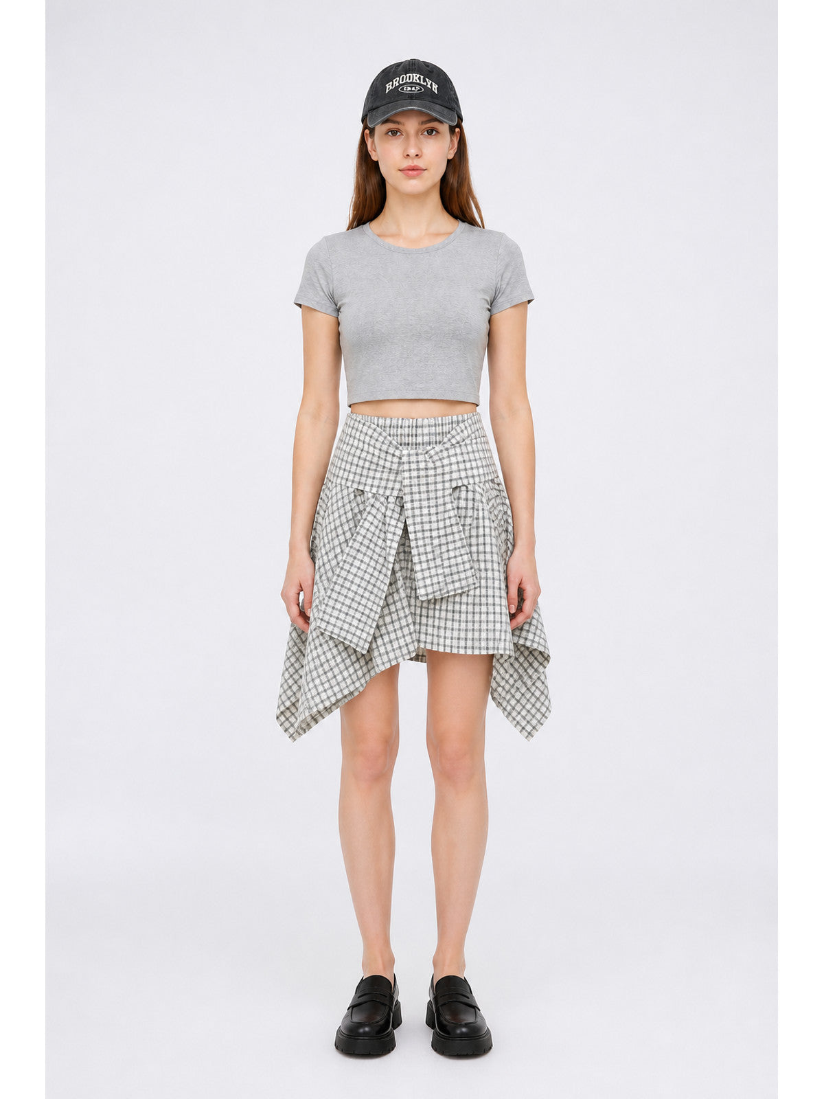 Gray-and-white Plaid Dress with an Asymmetrical Hem main product view
