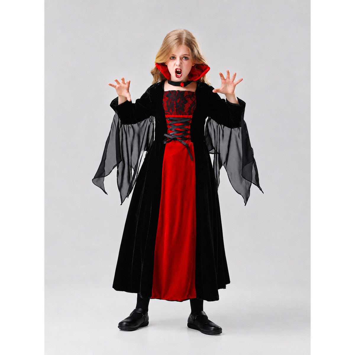 The vampire costume is designed in a black-and-red and gray-and-black color scheme and features a long garment with a silhouette reminiscent of a vampire cloak. The design includes a red hood, long sleeves, and semi-transparent gray-and-bla