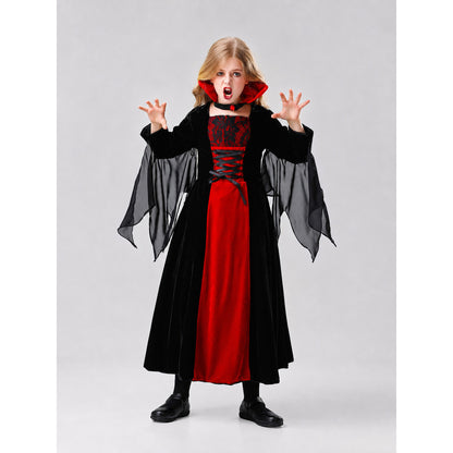 The vampire costume is designed in a black-and-red and gray-and-black color scheme and features a long garment with a silhouette reminiscent of a vampire cloak. The design includes a red hood, long sleeves, and semi-transparent gray-and-bla