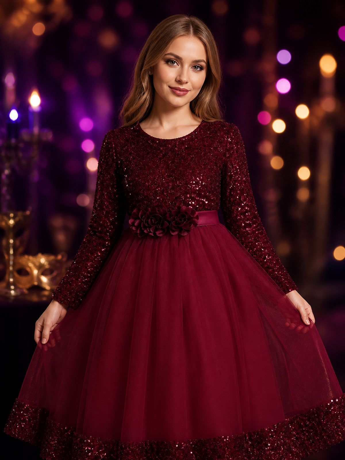 Girls' Maroon Sequined Princess Dress, Long Sleeve Floral Gown Halloween Costume on-model view
