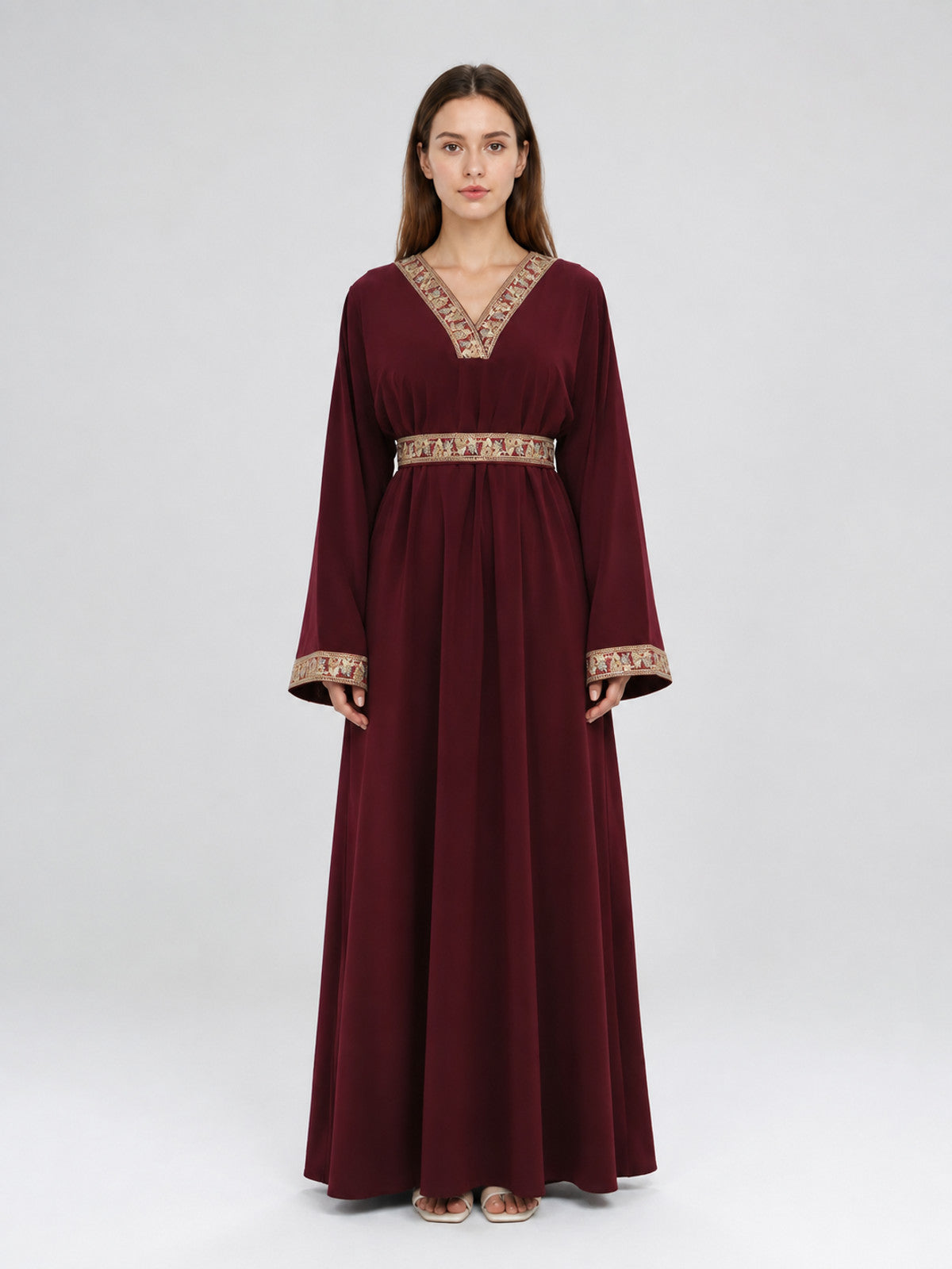 Wine-Burgundy Maxi Dress with Belt and Embroidery on-model view