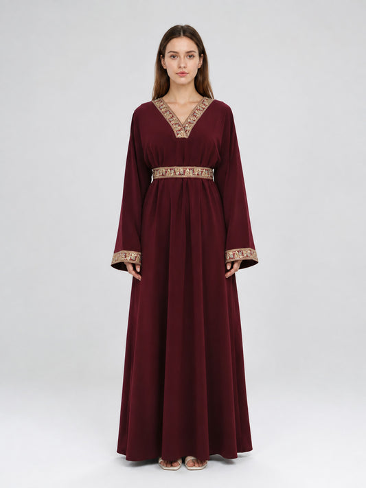 Wine-Burgundy Maxi Dress with Belt and Embroidery on-model view