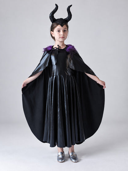 Costume: black dress, cape, headband with horns