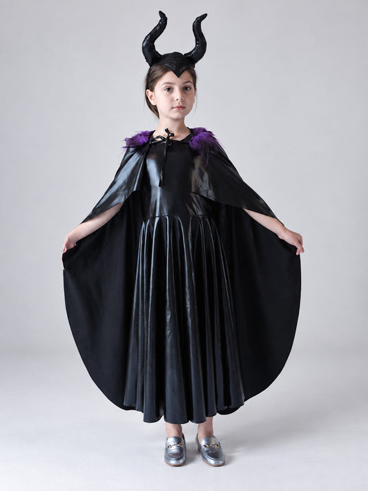 Costume: black dress, cape, headband with horns