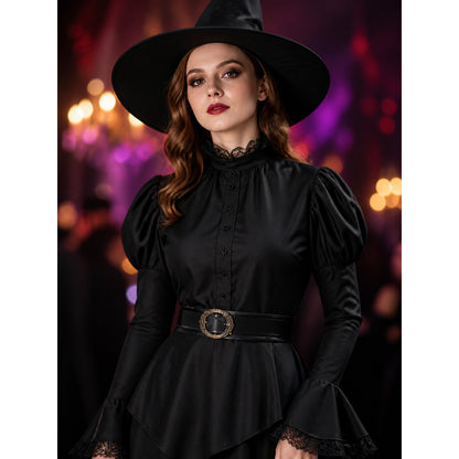 Witch costume with a black lace dress and hat on-model view