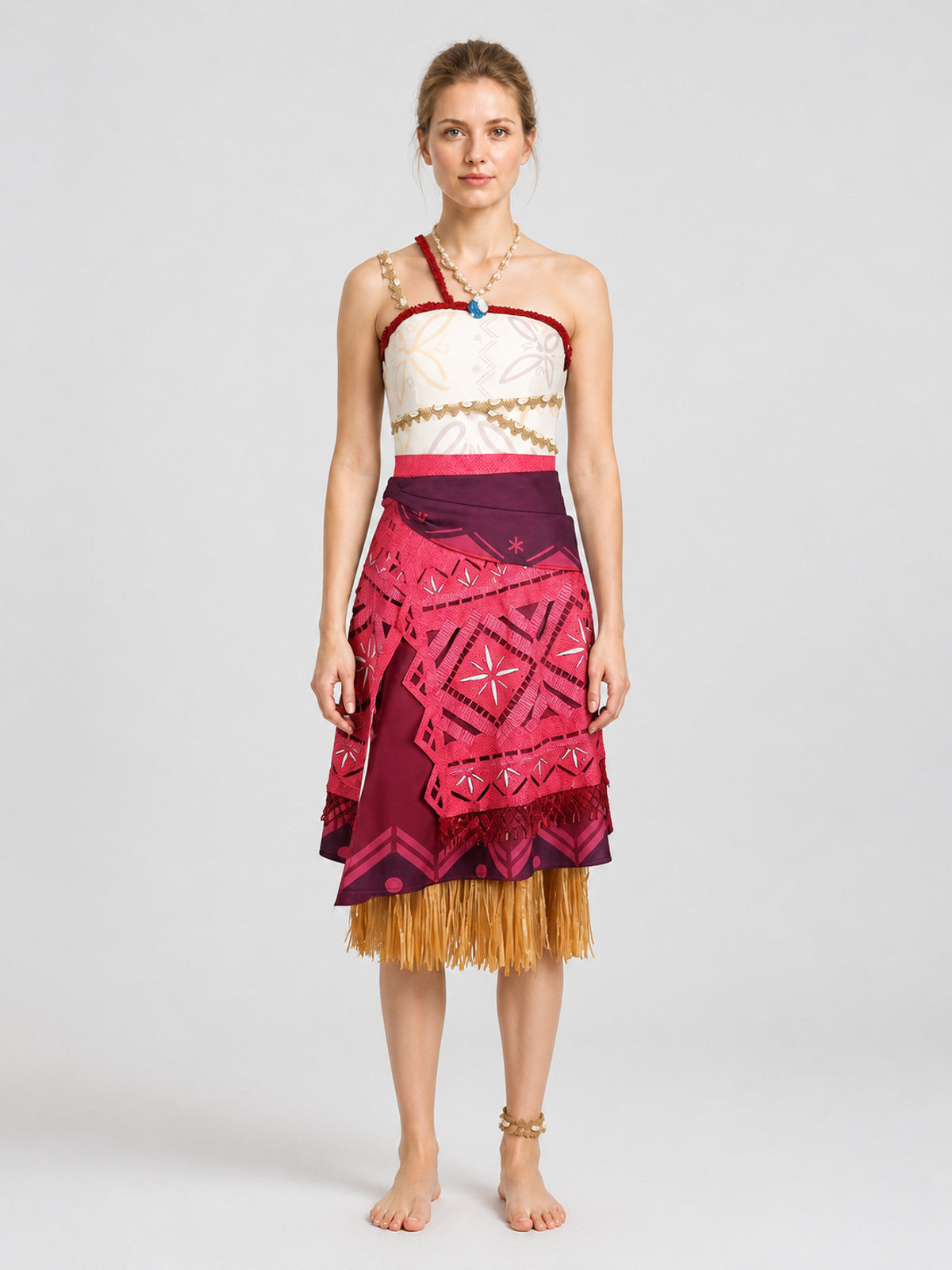 Moana Costume with Layered Skirt and Gold Fringe on-model view