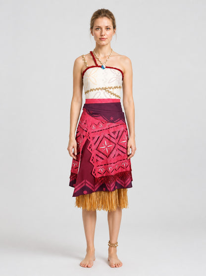 Moana Costume with Layered Skirt and Gold Fringe on-model view