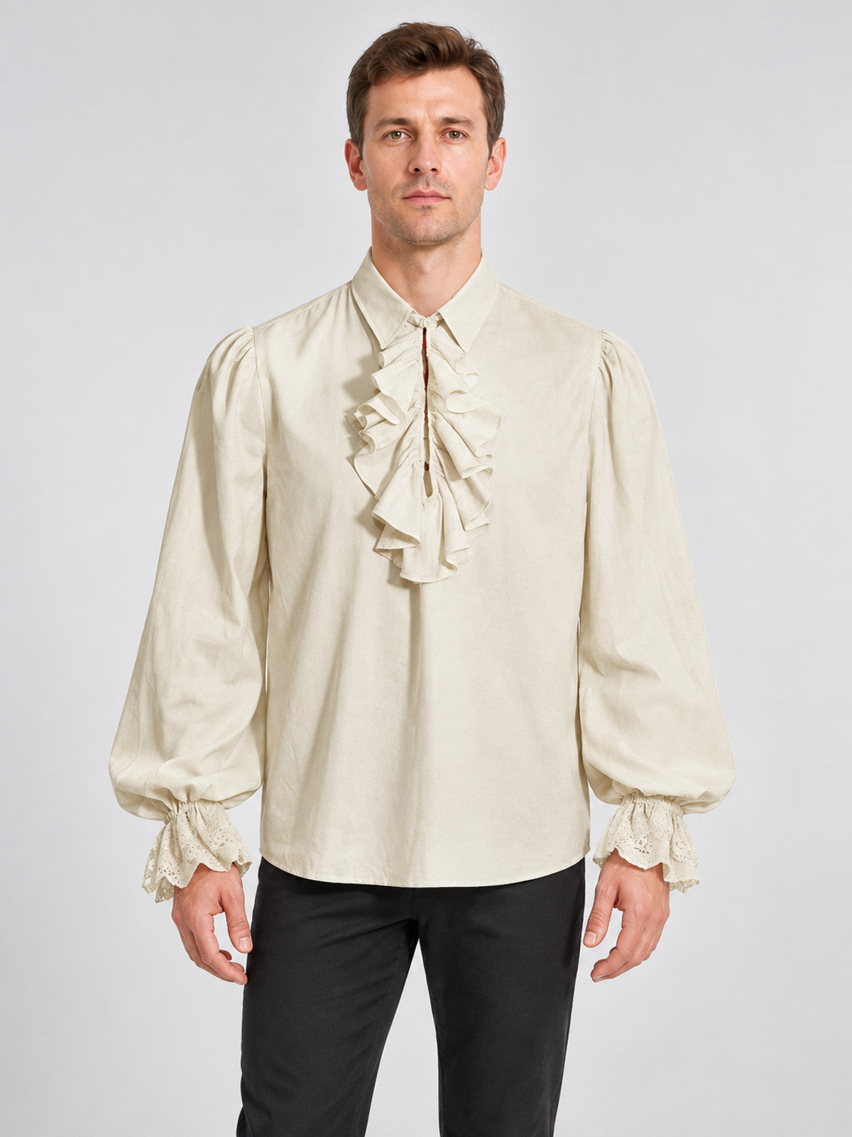 Beige shirt with a jabot and ruffled cuffs
