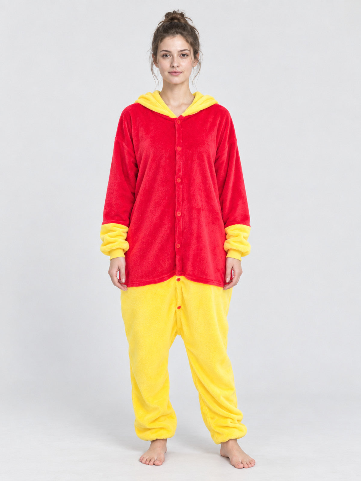 Flannel Hooded Pajama Jumpsuit Red and Yellow