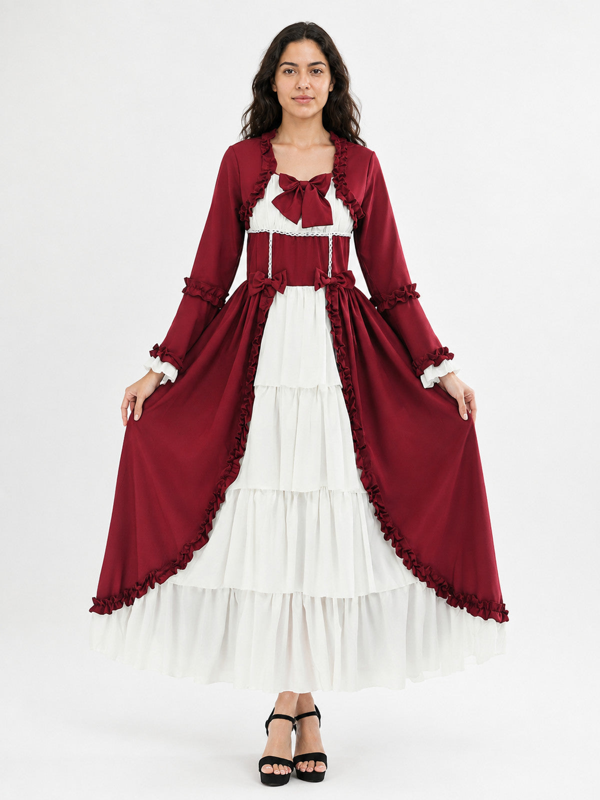 Burgundy Dress with Ruffles and Flared Sleeves main product view