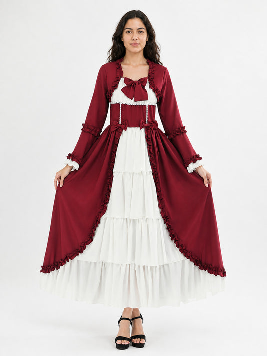 Burgundy Dress with Ruffles and Flared Sleeves main product view