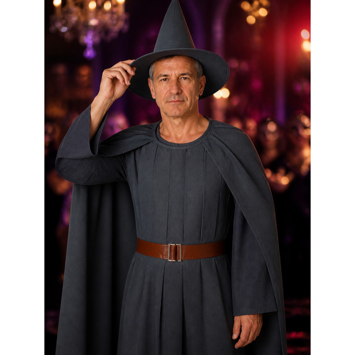 Unisex Wizard Costume Set With Dark Gray Robe, Pointed Hat, Belt, And Cape on-model view