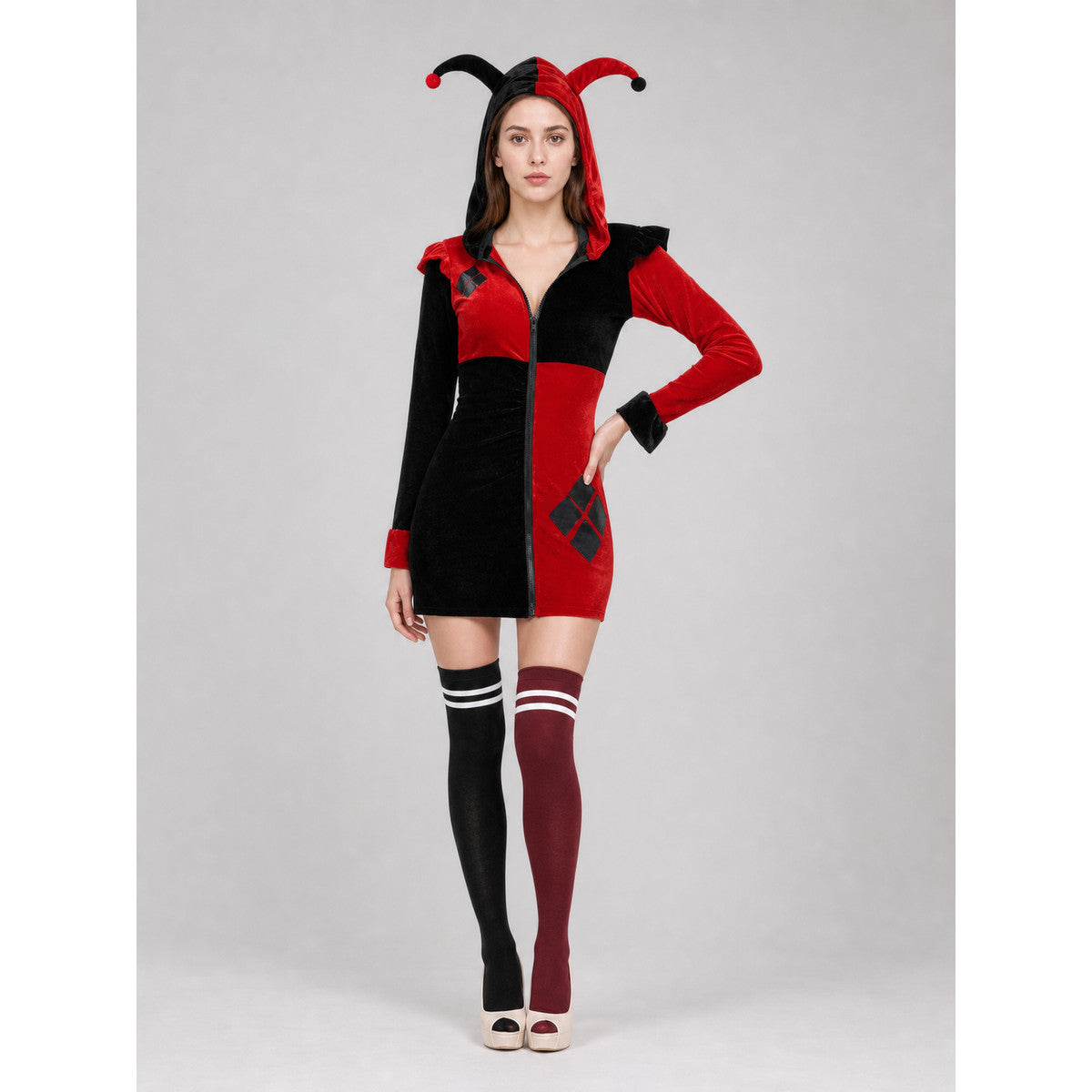 Women's Halloween Jester-Clown Costume with Hat on-model view