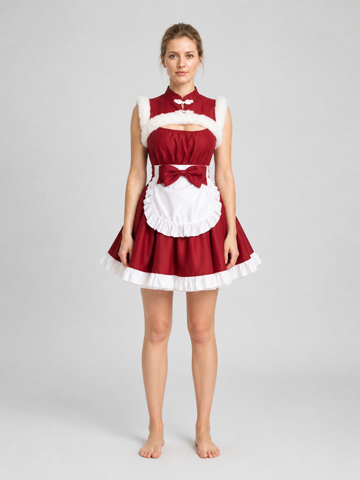 Red and White Christmas Dress with Apron and Bow on-model view