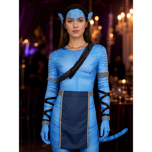 Model in a blue striped Na'vi-style Jake Sully cosplay bodysuit with navy apron, shoulder strap, arm wraps and tail