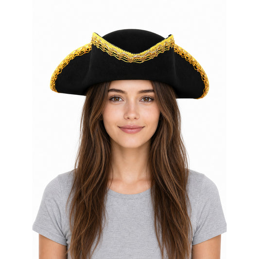 1pc Theatrical Pirate Tricorn Hat, Black Three-Cornered Style with Ornate Gold Trim and Wide Curved Brim for Costume Parties and Themed Events