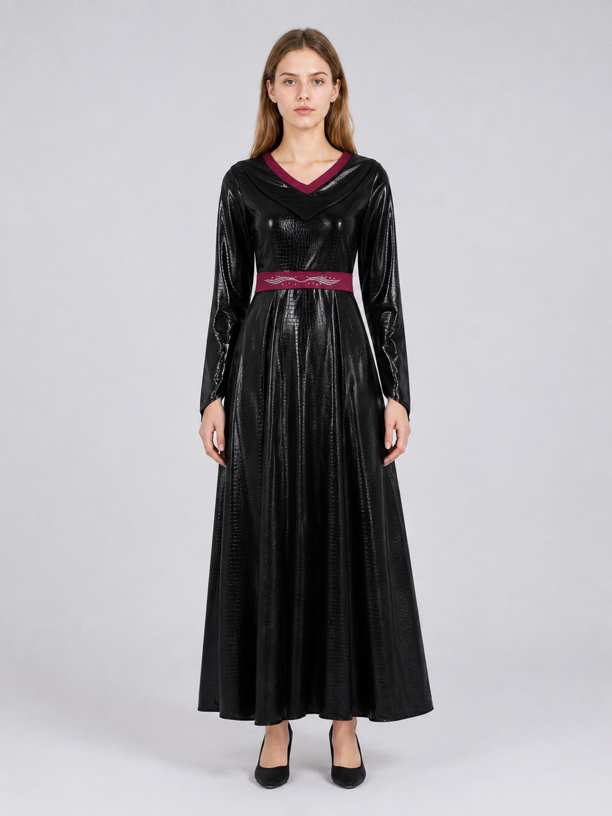 Costume Maxi Dress with Burgundy Belt on-model view