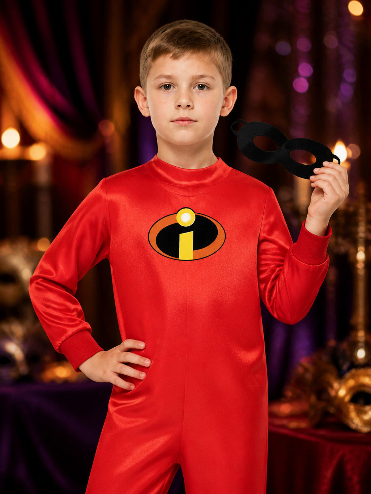 Kids' Red Superhero Long-Sleeve Bodysuit Costume With Character Mask on-model view
