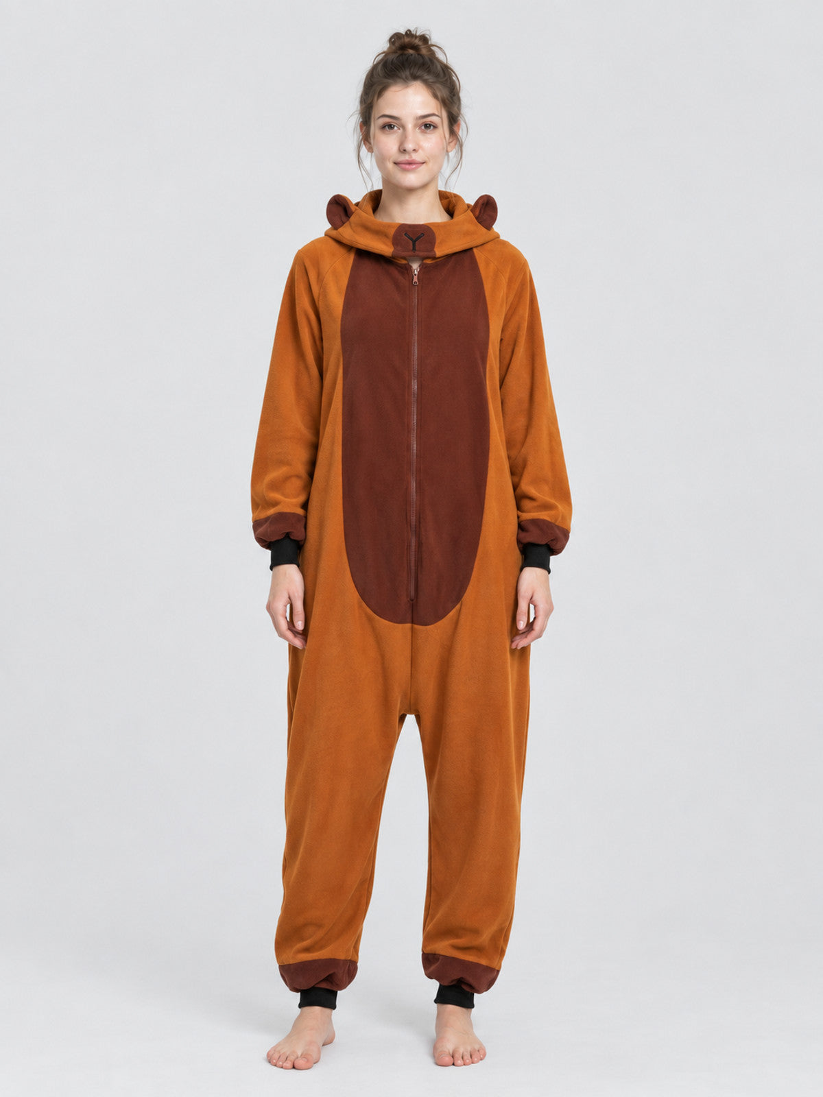 Hooded Pajama Jumpsuit with Ears, Orange-Brown