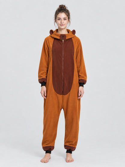 Hooded Pajama Jumpsuit with Ears, Orange-Brown