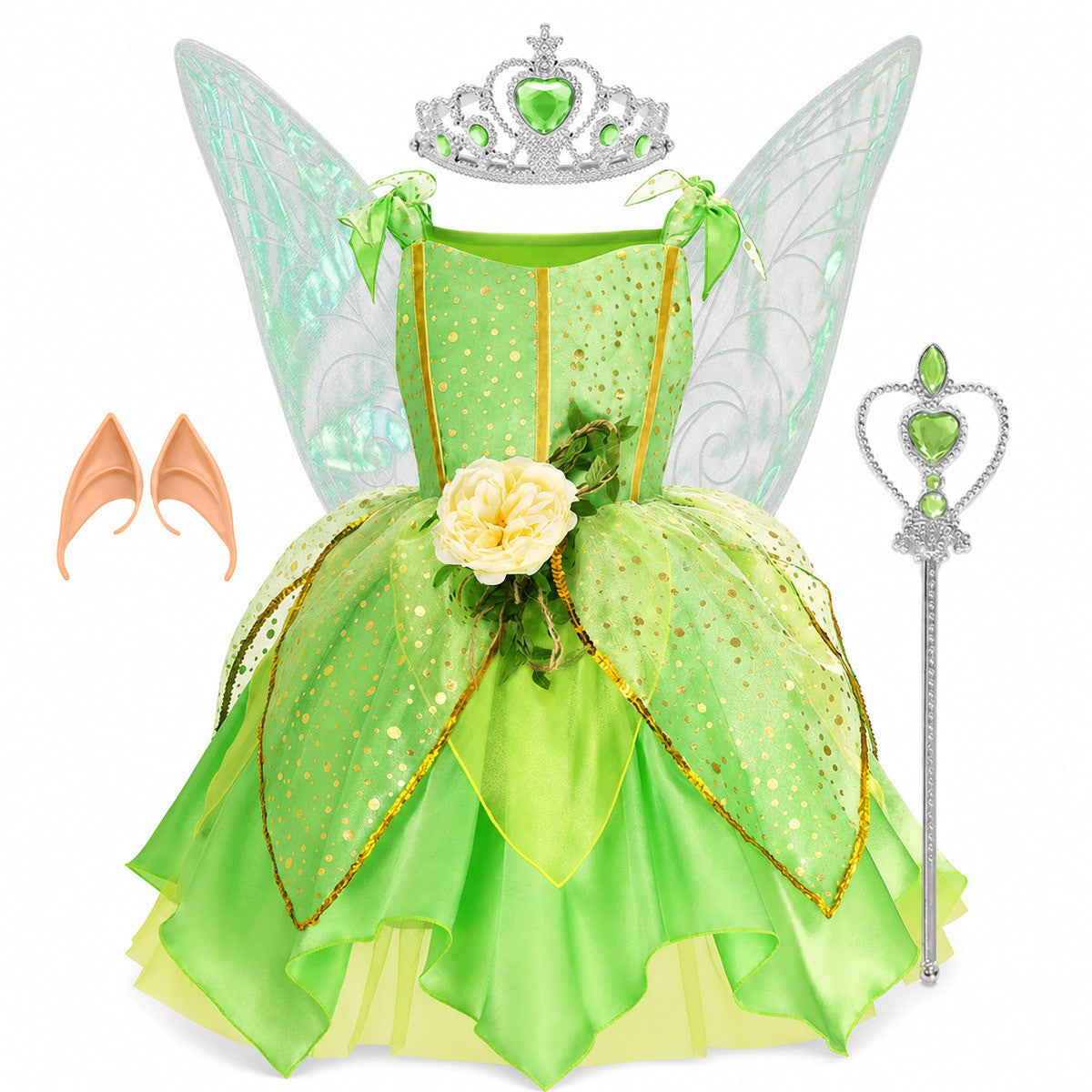 Girls' Green Forest Princess Dresses Fairy Elf Skirt Summer Glitter Mesh Princess Skirt Kid's Role Playing Performance Dress Set - Color:Fairy set 4