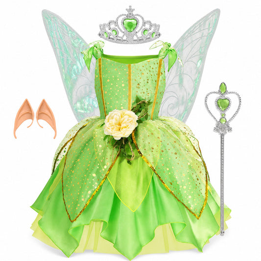 Girls' Green Forest Princess Dresses Fairy Elf Skirt Summer Glitter Mesh Princess Skirt Kid's Role Playing Performance Dress Set - Color:Fairy set 4