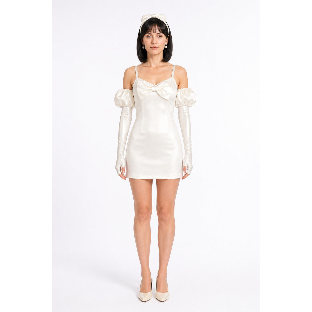 Cosplay Costume White Dress with Bow and Black Wig main product view