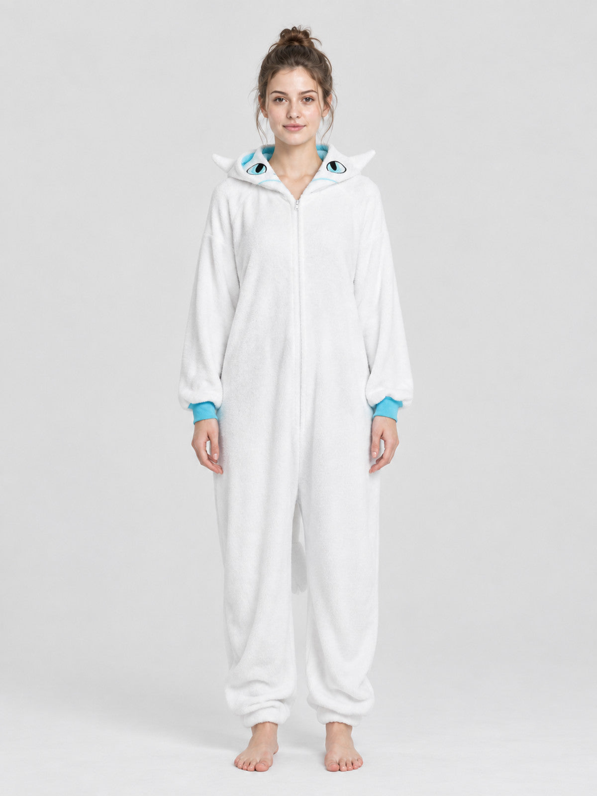 White Fleece Hooded Pajama Jumpsuit with Tail