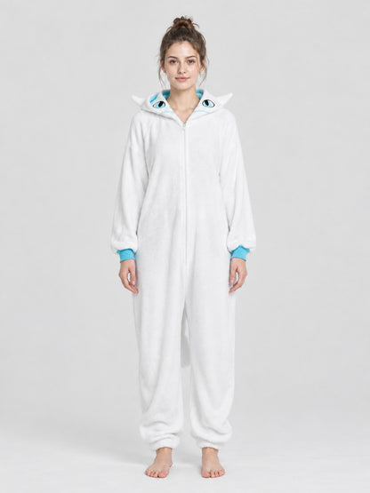 White Fleece Hooded Pajama Jumpsuit with Tail
