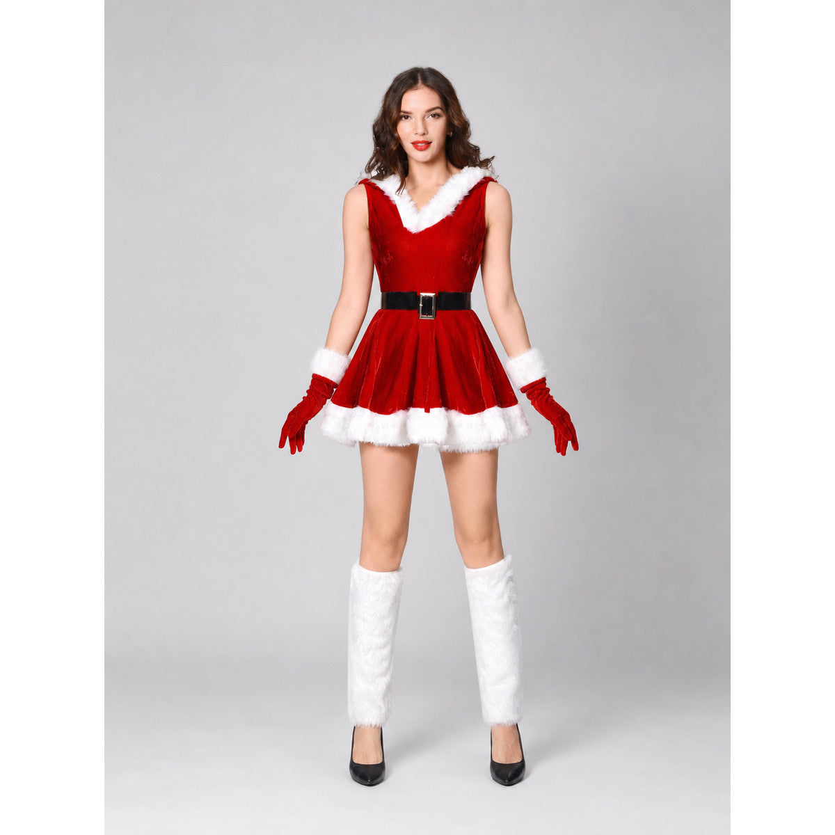 New Year's Costume with Red Dress and White Trim front view