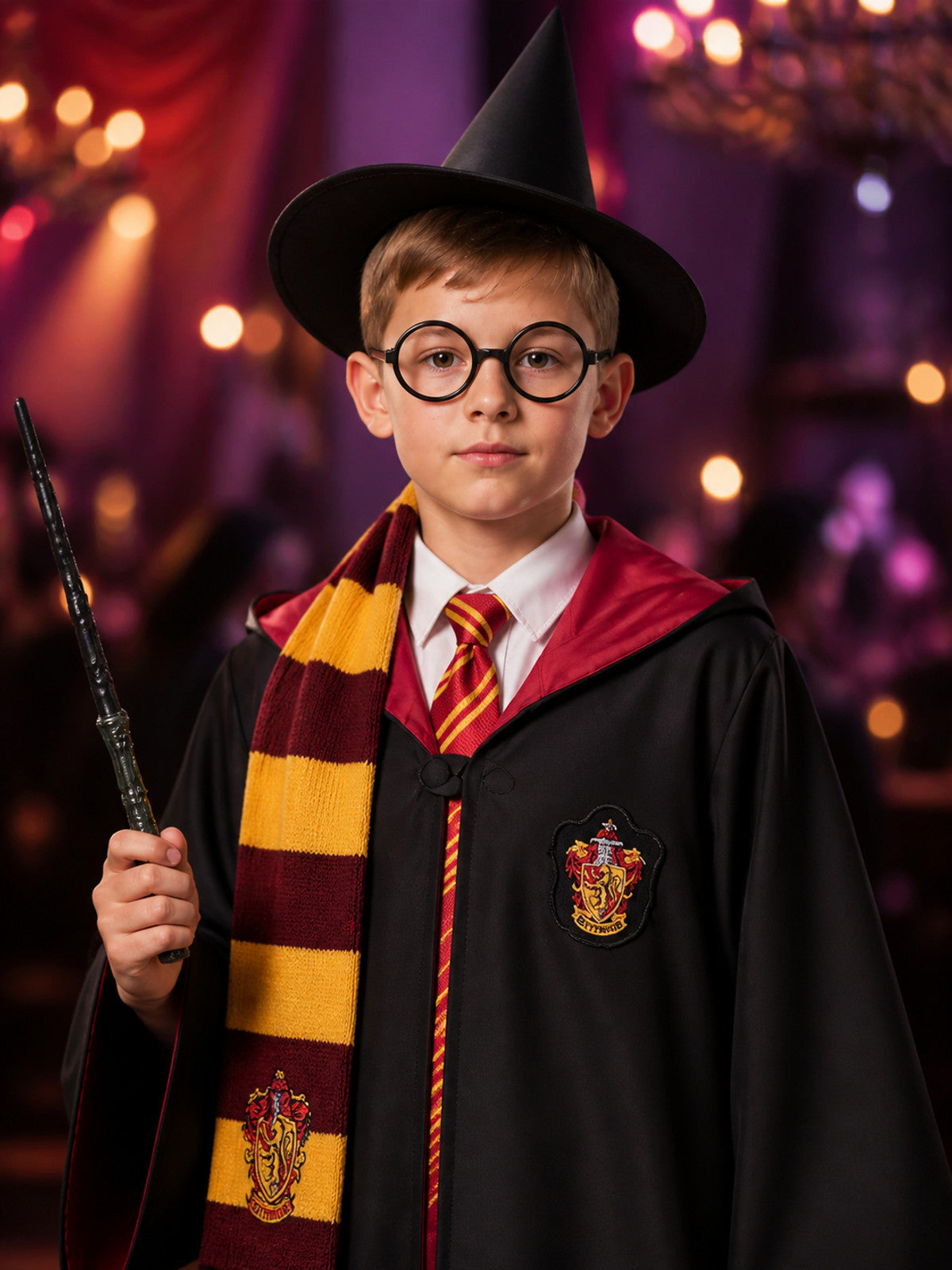 Kids Wizard Robe Costume Set with Hood, Burgundy Gold School Crest, Includes on-model view