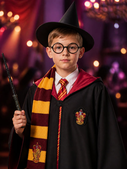 Kids Wizard Robe Costume Set with Hood, Burgundy Gold School Crest, Includes on-model view