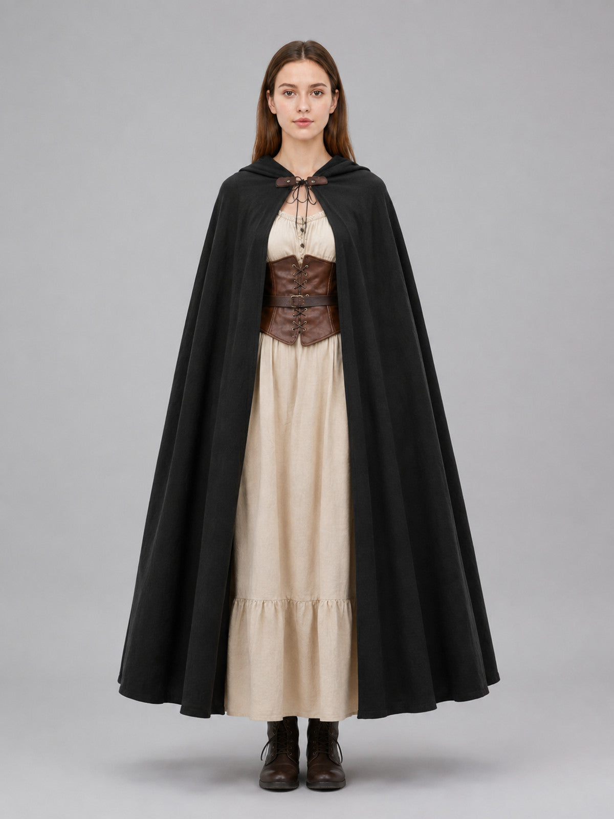 Long Black Hooded Cloak with a Loose Fit on-model view