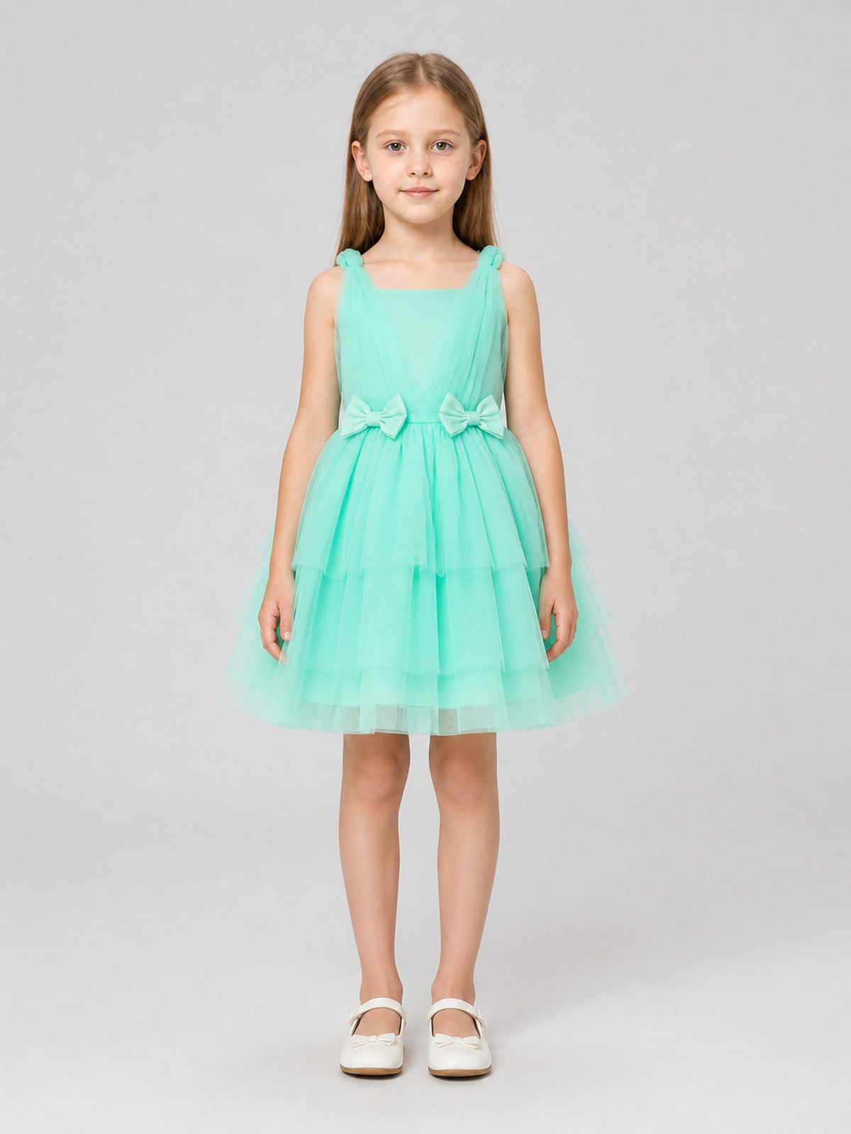 Mint Green Girls' Dress with Bows and a Full Skirt on-model view
