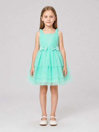 Mint Green Girls' Dress with Bows and a Full Skirt on-model view
