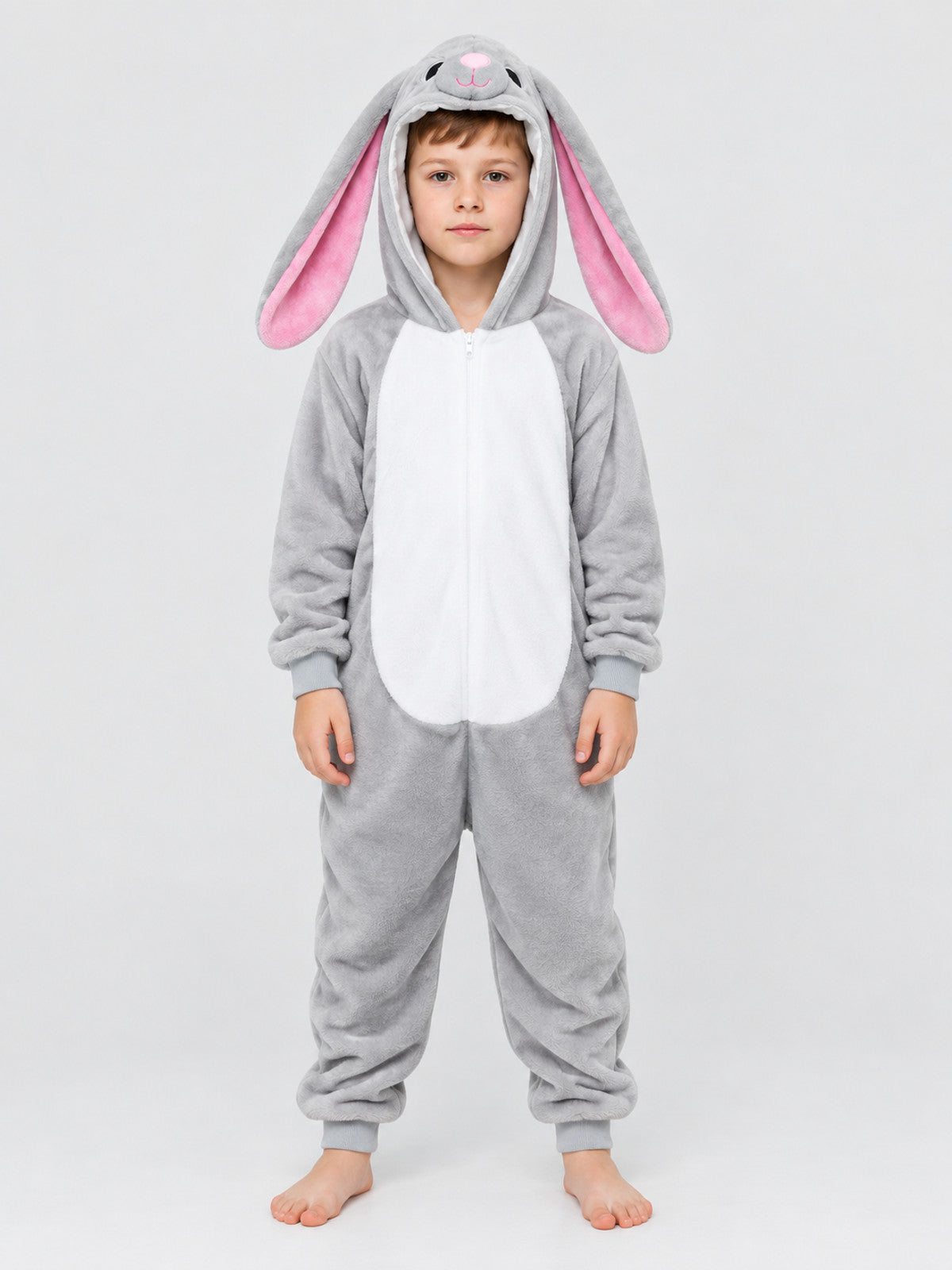 Gray and white hooded pajama jumpsuit with rabbit ears