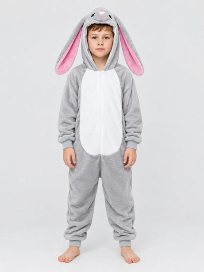 Gray and white hooded pajama jumpsuit with rabbit ears