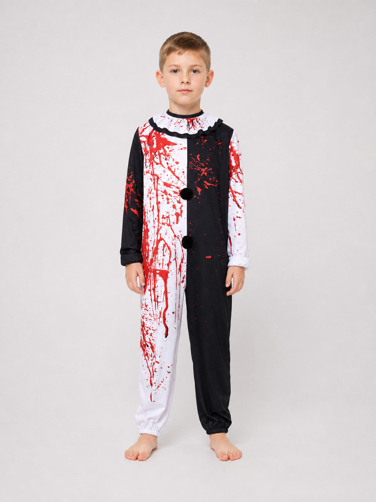 Clown Jumpsuit Costume with Red Splashes on-model view