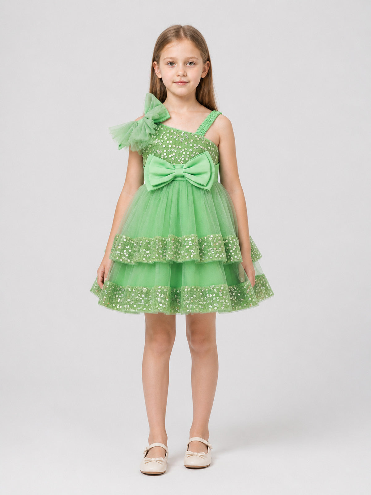 Girls’ Green Sequin Princess Dress with Bows