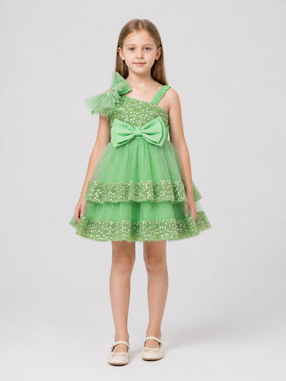 Girls’ Green Sequin Princess Dress with Bows