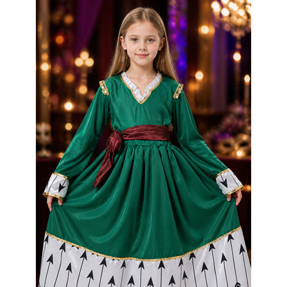 Kids Princess Costume Dress with Arrow Print and Gold Trim, Long Sleeve Party on-model view