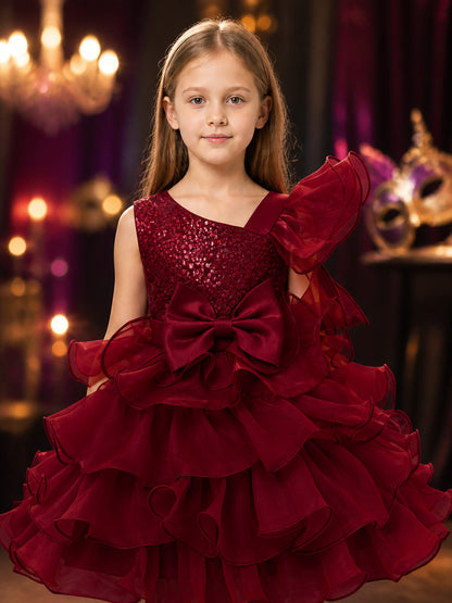 Toddler Girls' Maroon Princess Dress with Sequins, Bow, and Layered Ruffle Skirt on-model view