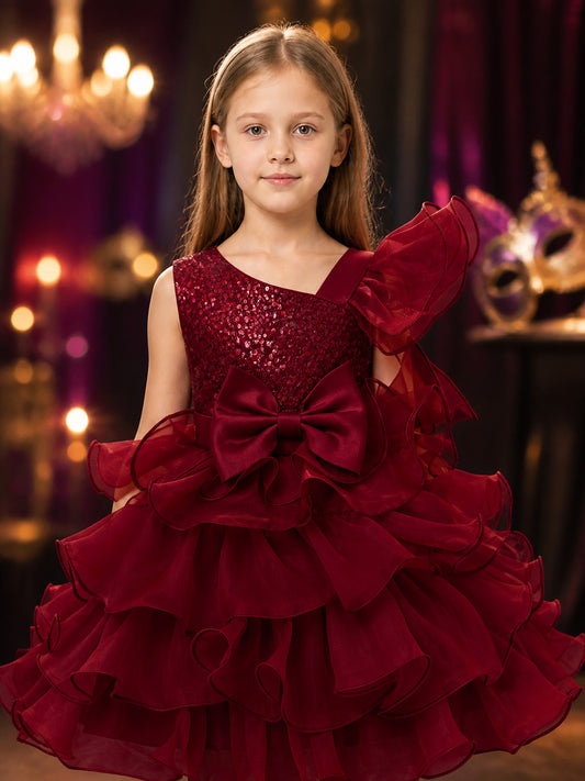 Toddler Girls' Maroon Princess Dress with Sequins, Bow, and Layered Ruffle Skirt on-model view