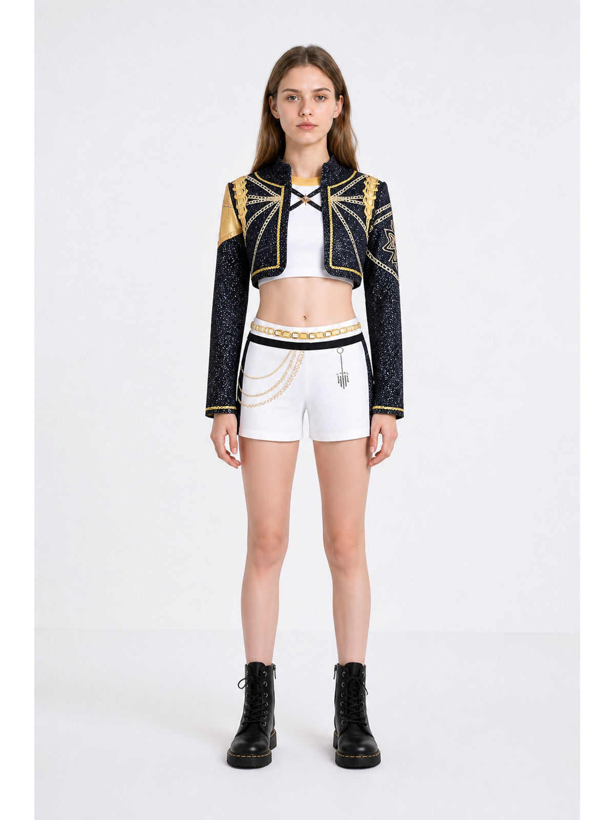 Black, White, and Gold Cosplay Costume: Jacket, Top, and Shorts main product view