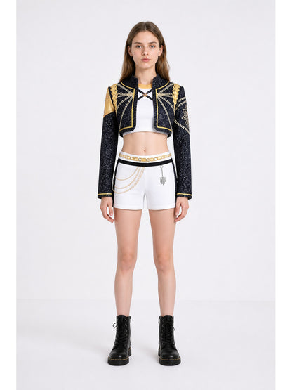 Black, White, and Gold Cosplay Costume: Jacket, Top, and Shorts main product view