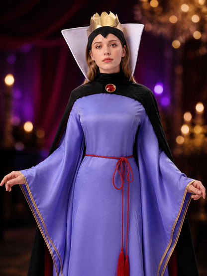 Snow Queen Halloween Costume Set - Purple Long Dress with Black Cape, Gold on-model view