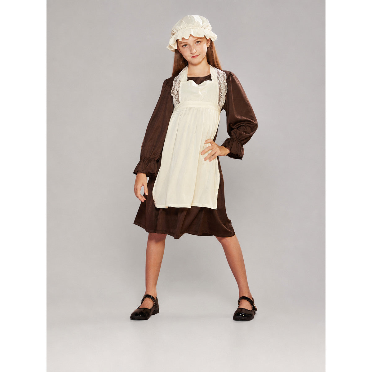 Victorian costume with dress, apron, and bonnet