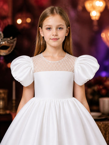 Girls' White Princess Dress With Puff Sleeves And Pleated Full Skirt on-model view