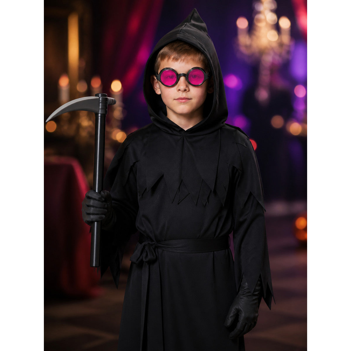 Halloween Grim Reaper Costume Set with Hooded Mask, Glowing Eyes & Scythe on-model view