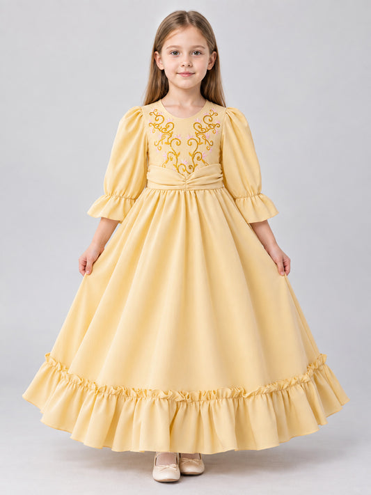 Champagne Children's Dress with Long Sleeves and Embroidery